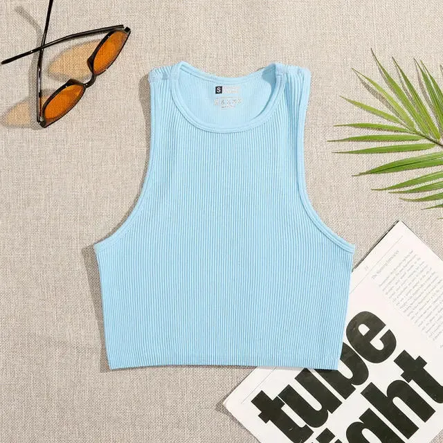 Crop Top Women's Solid Basic Tank Top Vest Seamless Streetwear Elastic Rib-Knit Sleeveless Casual Tank Tops