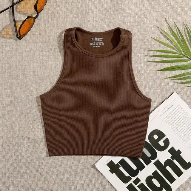 Crop Top Women's Solid Basic Tank Top Vest Seamless Streetwear Elastic Rib-Knit Sleeveless Casual Tank Tops