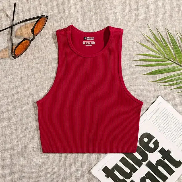 Crop Top Women's Solid Basic Tank Top Vest Seamless Streetwear Elastic Rib-Knit Sleeveless Casual Tank Tops