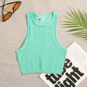 Crop Top Women's Solid Basic Tank Top Vest Seamless Streetwear Elastic Rib-Knit Sleeveless Casual Tank Tops