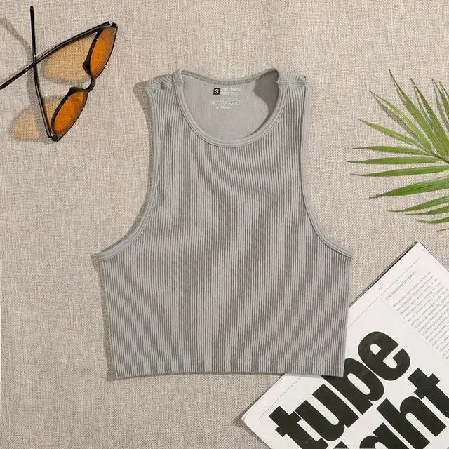Crop Top Women's Solid Basic Tank Top Vest Seamless Streetwear Elastic Rib-Knit Sleeveless Casual Tank Tops