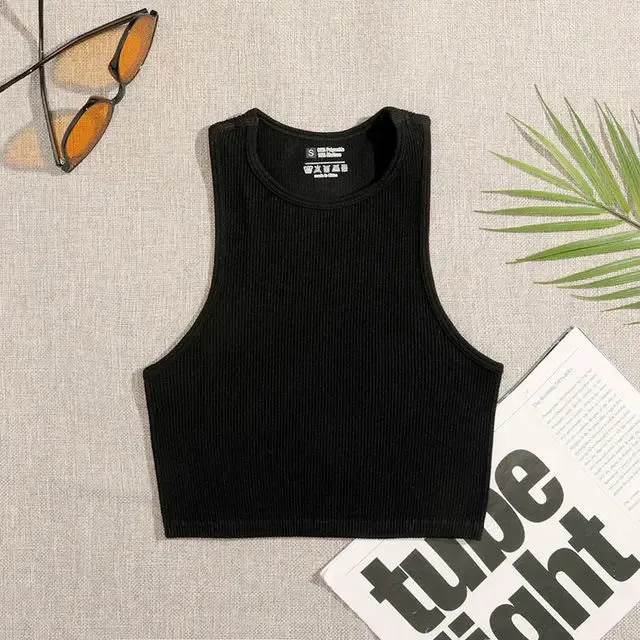 Crop Top Women's Solid Basic Tank Top Vest Seamless Streetwear Elastic Rib-Knit Sleeveless Casual Tank Tops