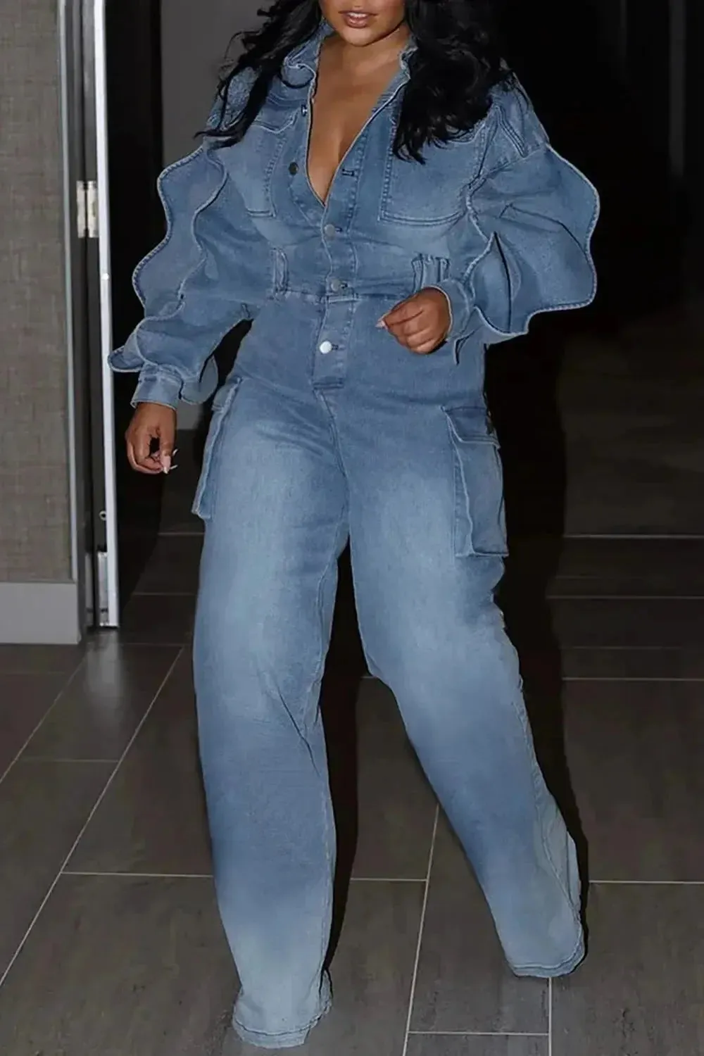Denim Cargo Puff Sleeve Jumpsuit