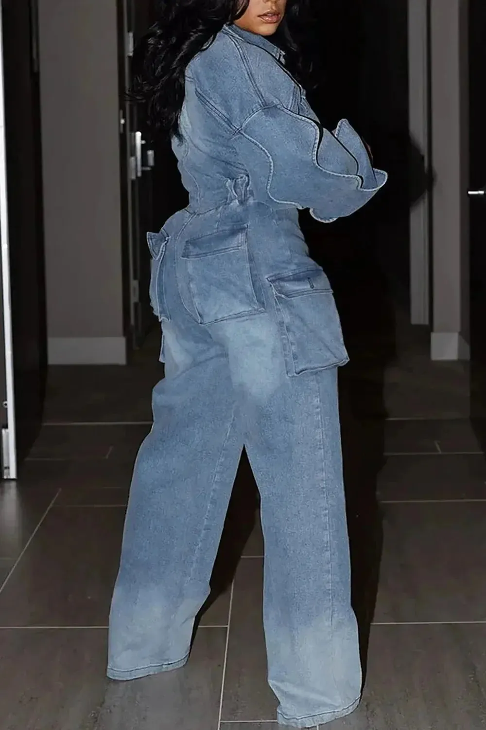 Denim Cargo Puff Sleeve Jumpsuit
