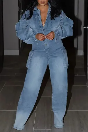 Denim Cargo Puff Sleeve Jumpsuit