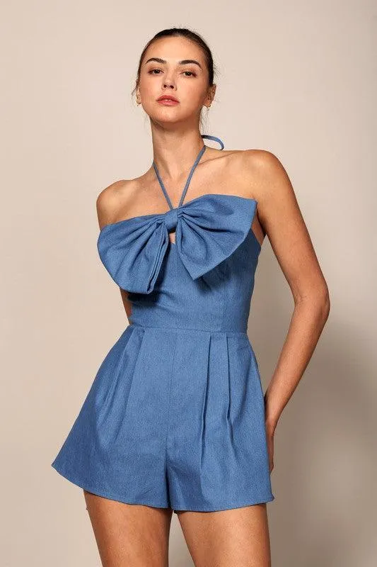 DENIM SLEEVELESS ROMPER WITH EXAGERATED FRONT BOW