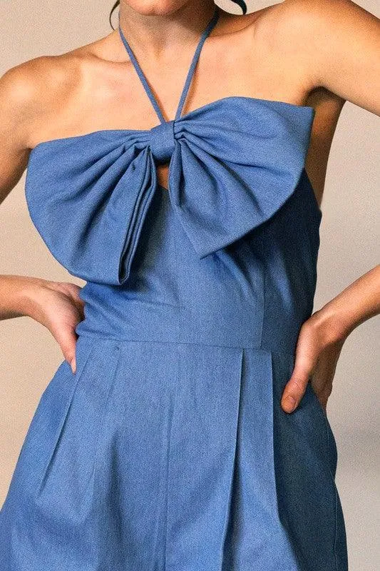 DENIM SLEEVELESS ROMPER WITH EXAGERATED FRONT BOW