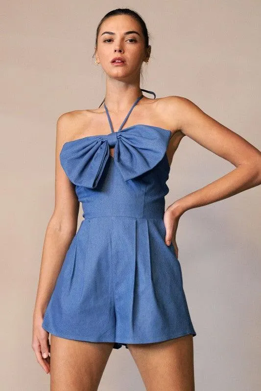 DENIM SLEEVELESS ROMPER WITH EXAGERATED FRONT BOW