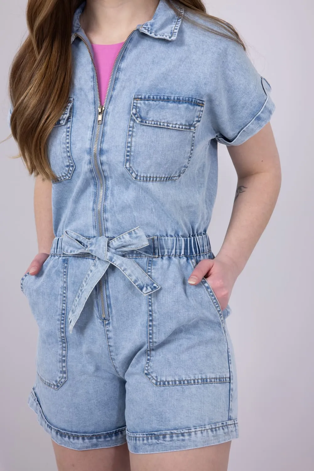 Elan Washed Denim Zip Front Tie Romper for Women in Denim | JE7330-DNM