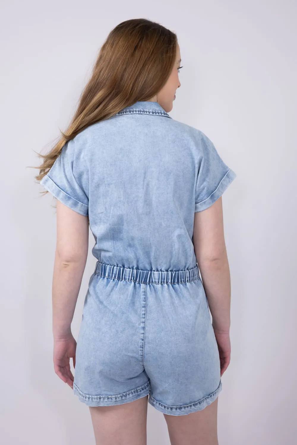 Elan Washed Denim Zip Front Tie Romper for Women in Denim | JE7330-DNM
