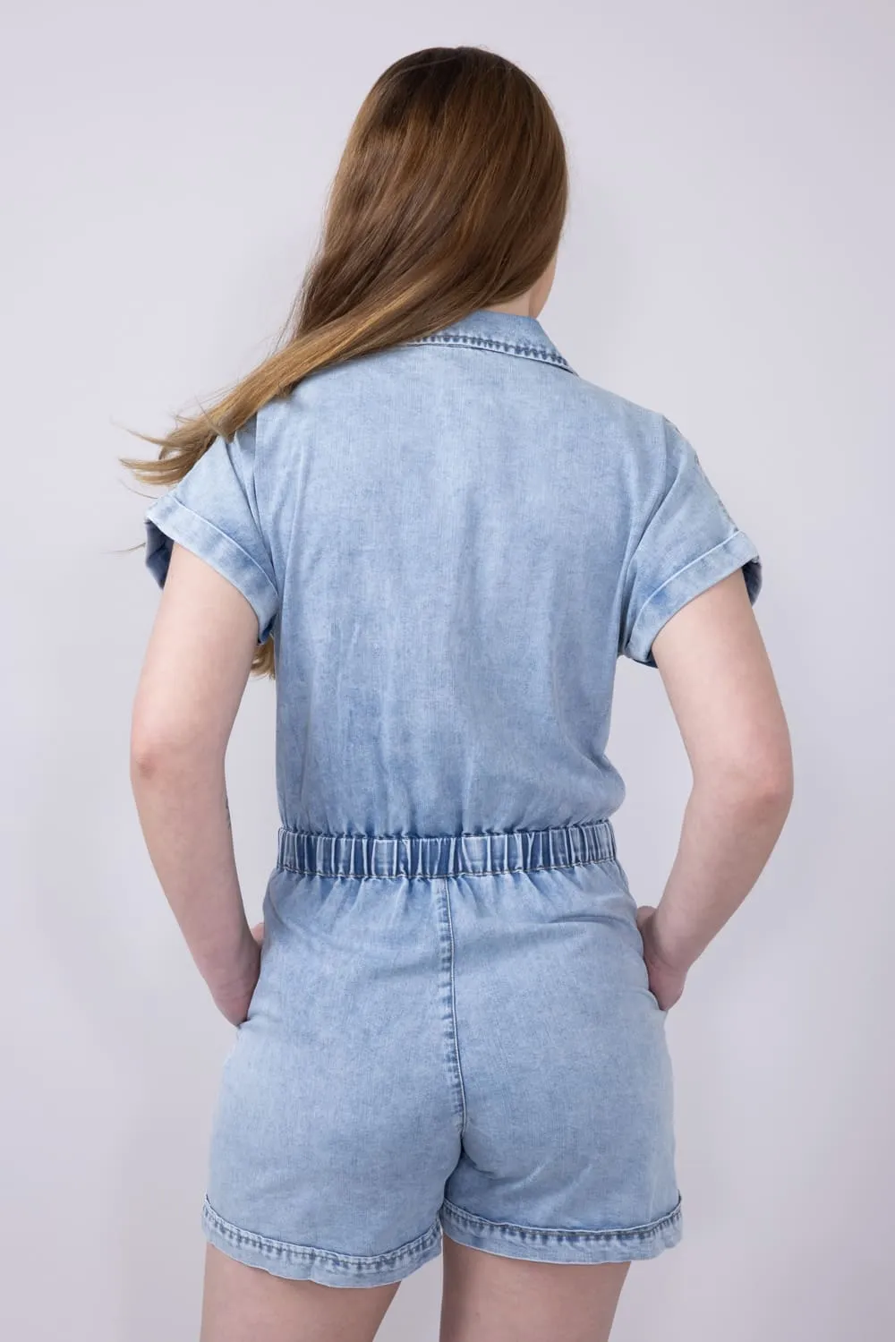 Elan Washed Denim Zip Front Tie Romper for Women in Denim | JE7330-DNM