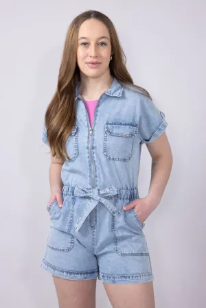 Elan Washed Denim Zip Front Tie Romper for Women in Denim | JE7330-DNM