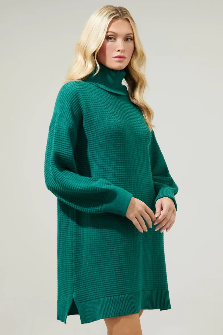 Emerald Waffle Turtleneck Sweater Dress