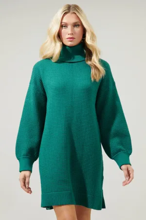 Emerald Waffle Turtleneck Sweater Dress