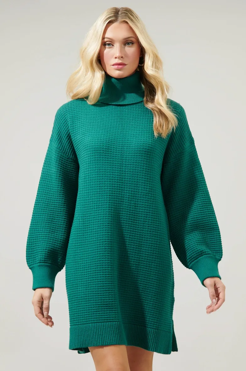 Emerald Waffle Turtleneck Sweater Dress