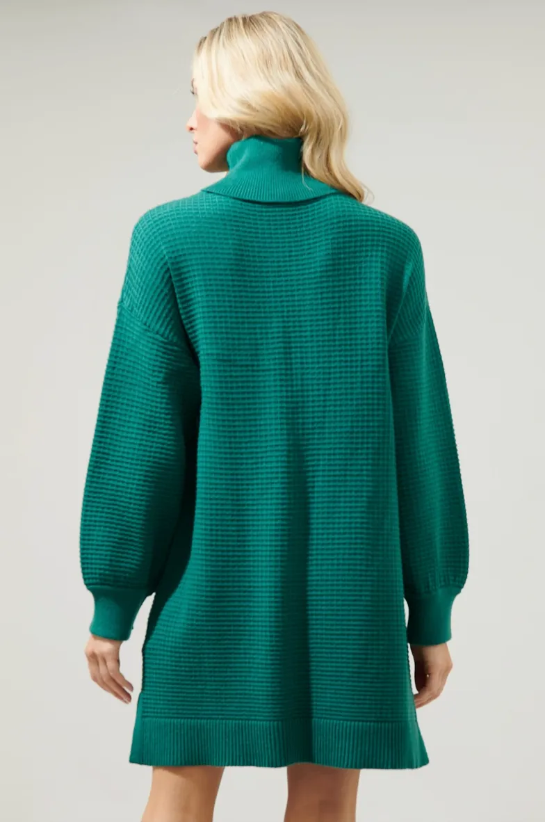 Emerald Waffle Turtleneck Sweater Dress