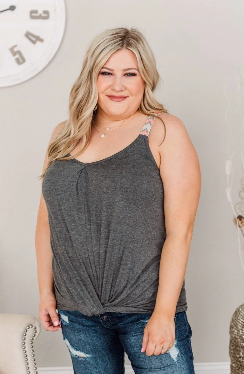 Enjoy The Journey Front Twist Tank Top- Charcoal