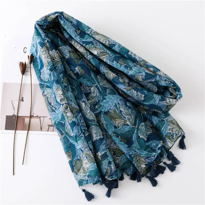 Ethnic Blue Tassel Printed Scarf Shawl for Women Ladies Girls