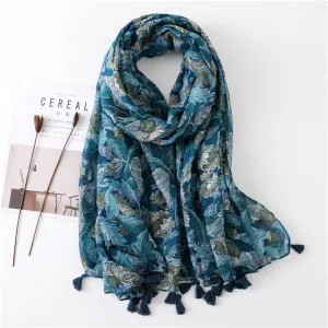 Ethnic Blue Tassel Printed Scarf Shawl for Women Ladies Girls