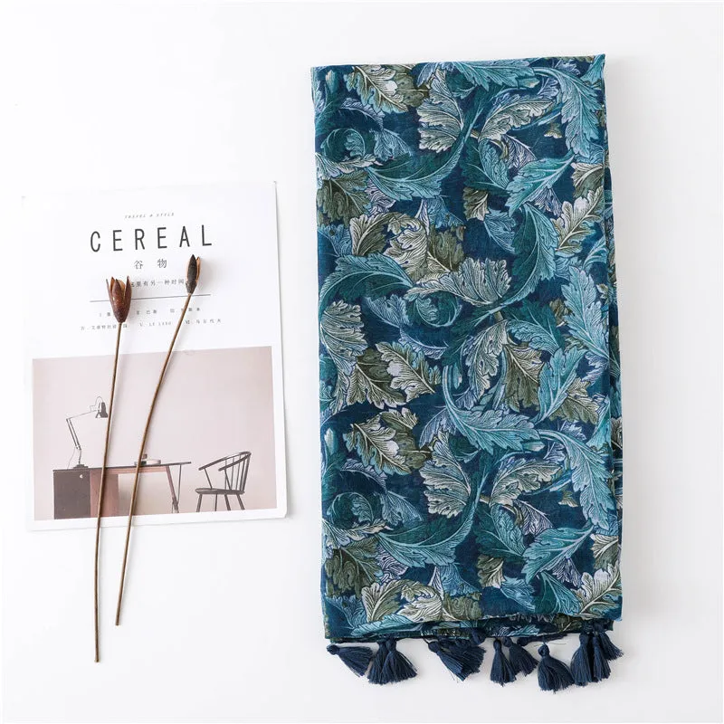 Ethnic Blue Tassel Printed Scarf Shawl for Women Ladies Girls