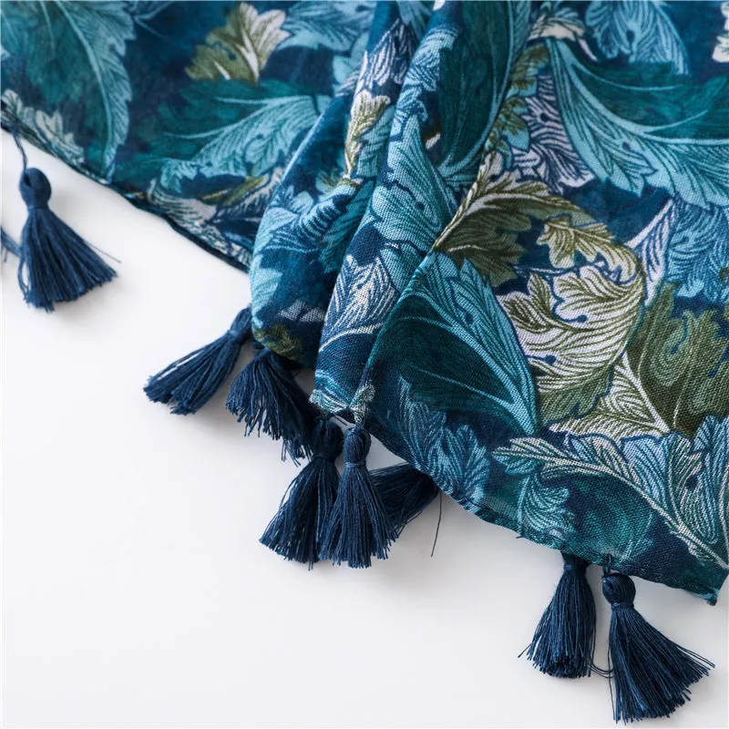 Ethnic Blue Tassel Printed Scarf Shawl for Women Ladies Girls