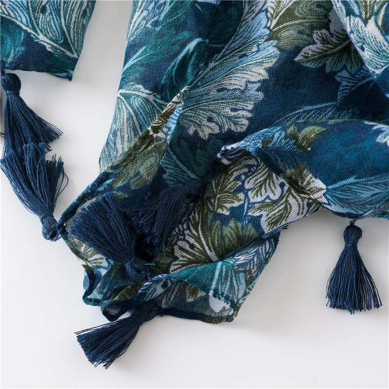 Ethnic Blue Tassel Printed Scarf Shawl for Women Ladies Girls