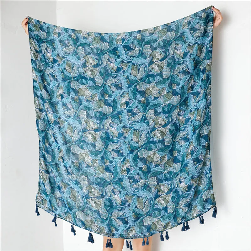 Ethnic Blue Tassel Printed Scarf Shawl for Women Ladies Girls