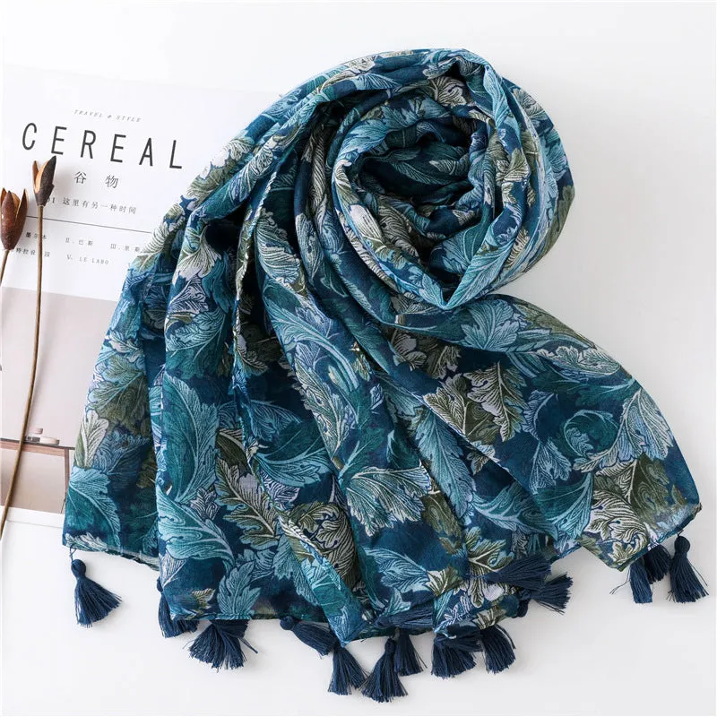 Ethnic Blue Tassel Printed Scarf Shawl for Women Ladies Girls