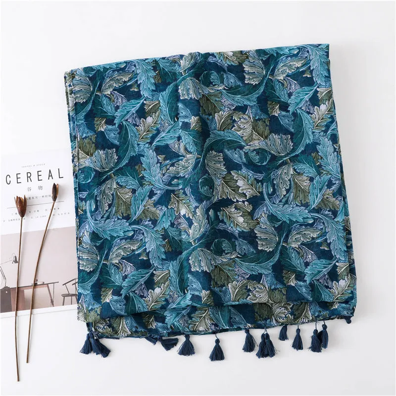 Ethnic Blue Tassel Printed Scarf Shawl for Women Ladies Girls