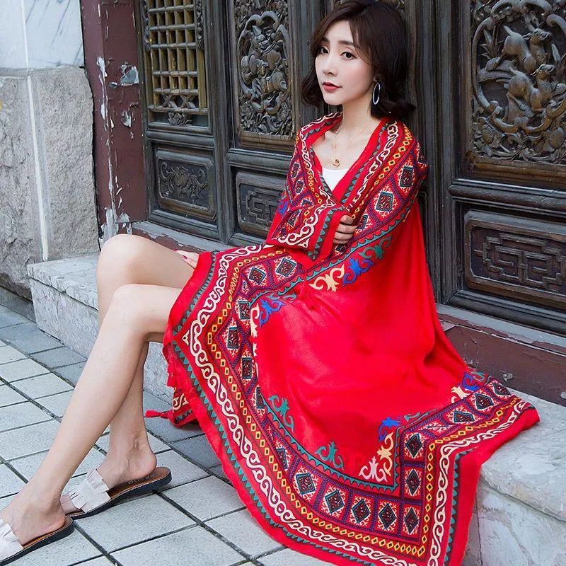 Ethnic Style Bohemia Cotton Linen Scarf Women Oversized Sunscreen Holiday Beach Silk Scarf Fringed Seaside Shawl