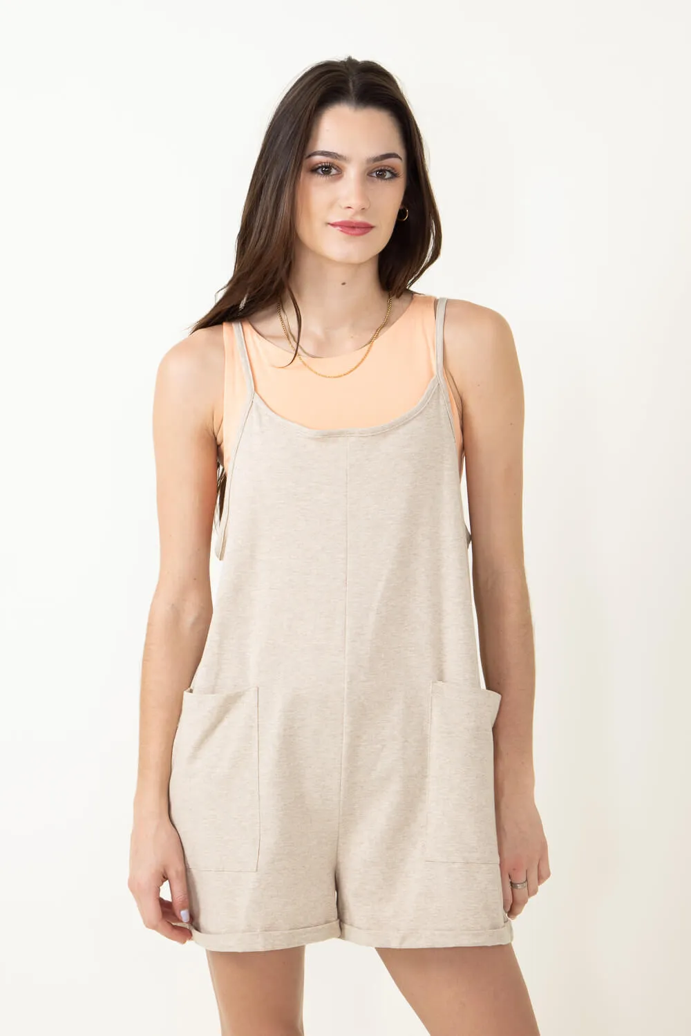 Front Pocket Onesie Romper for Women in Oatmeal | NJU60298-OATMEAL