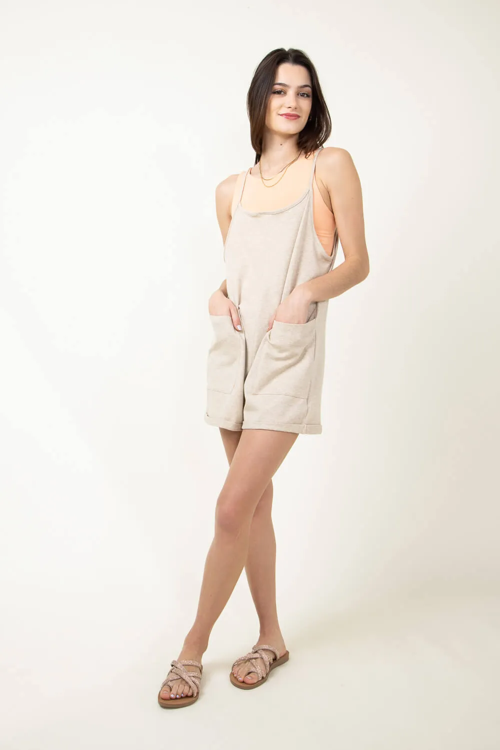 Front Pocket Onesie Romper for Women in Oatmeal | NJU60298-OATMEAL