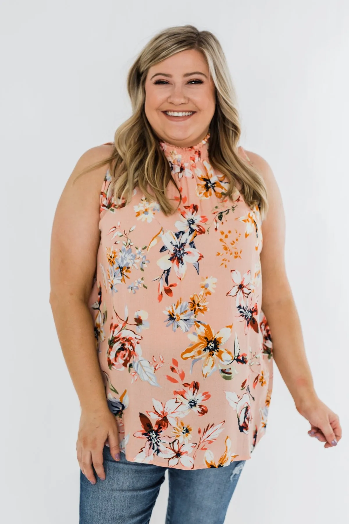 Great Days Floral Mock Neck Tank Top- Peach