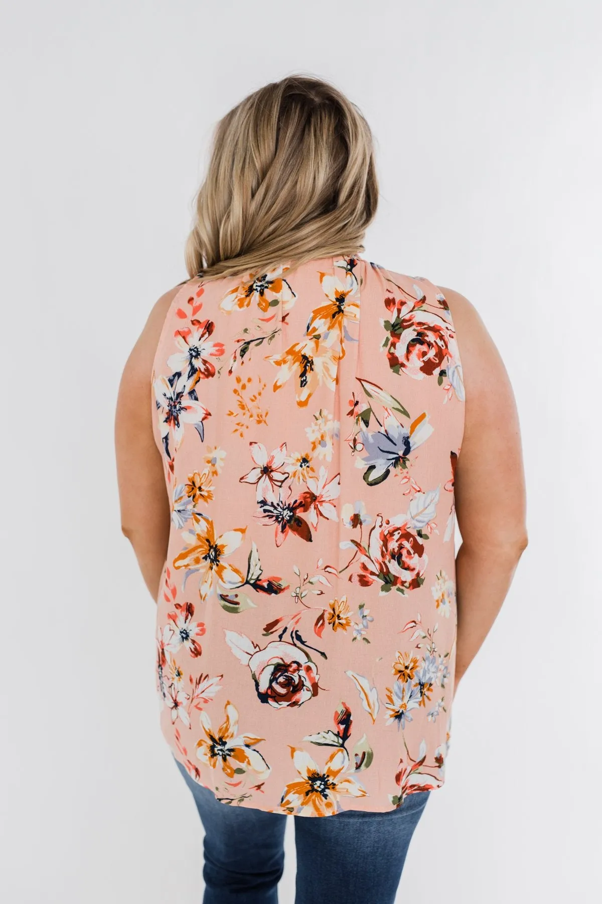 Great Days Floral Mock Neck Tank Top- Peach