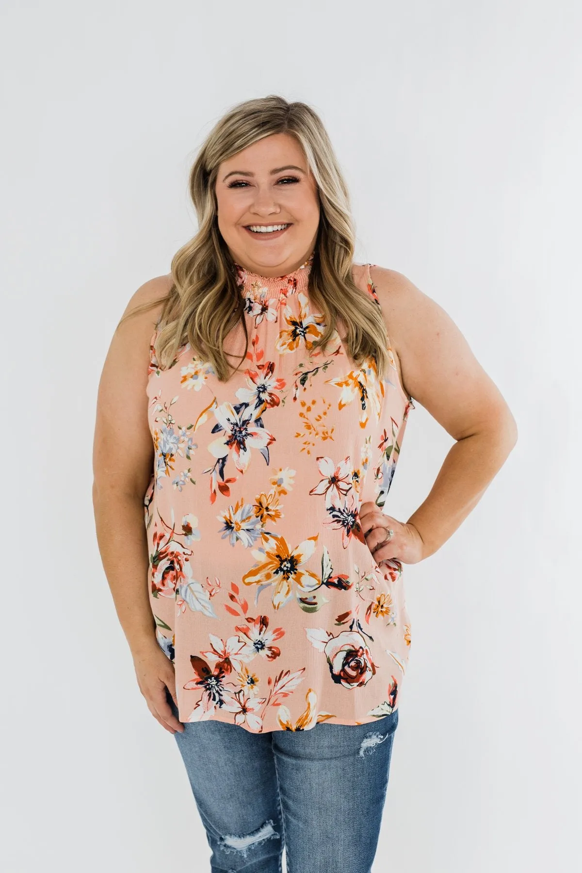 Great Days Floral Mock Neck Tank Top- Peach