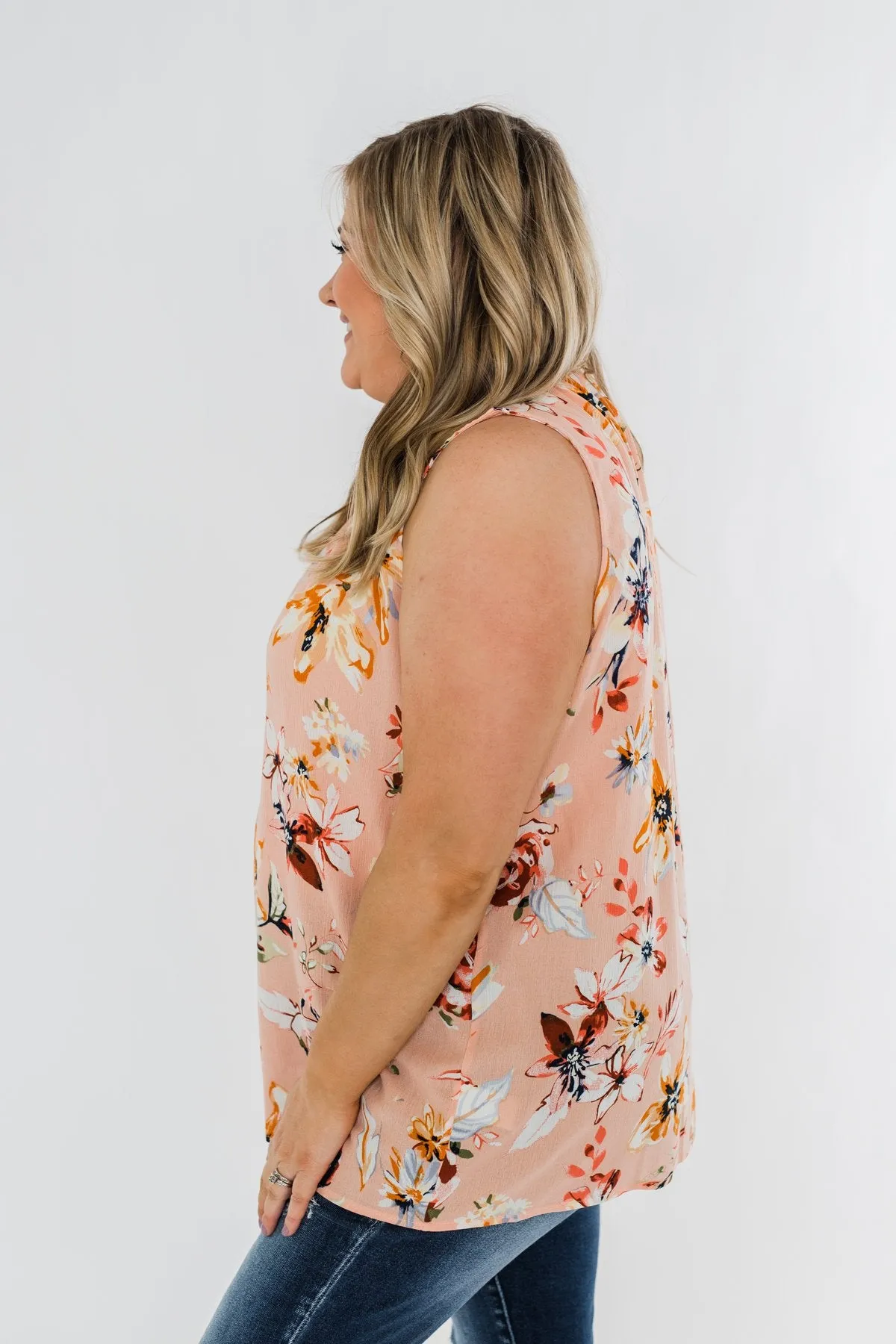 Great Days Floral Mock Neck Tank Top- Peach