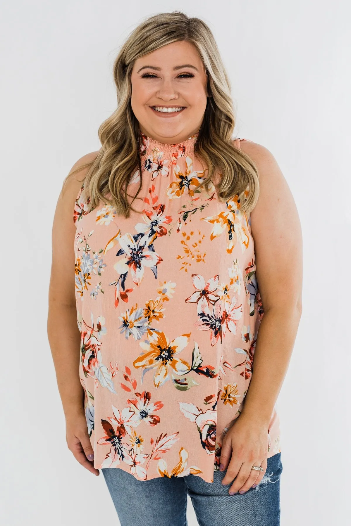 Great Days Floral Mock Neck Tank Top- Peach
