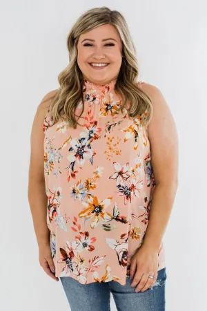 Great Days Floral Mock Neck Tank Top- Peach