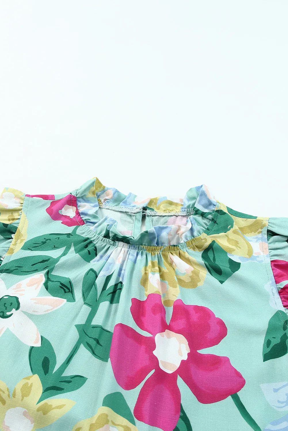 Green Floral Print Ruffle Trim Tank Top