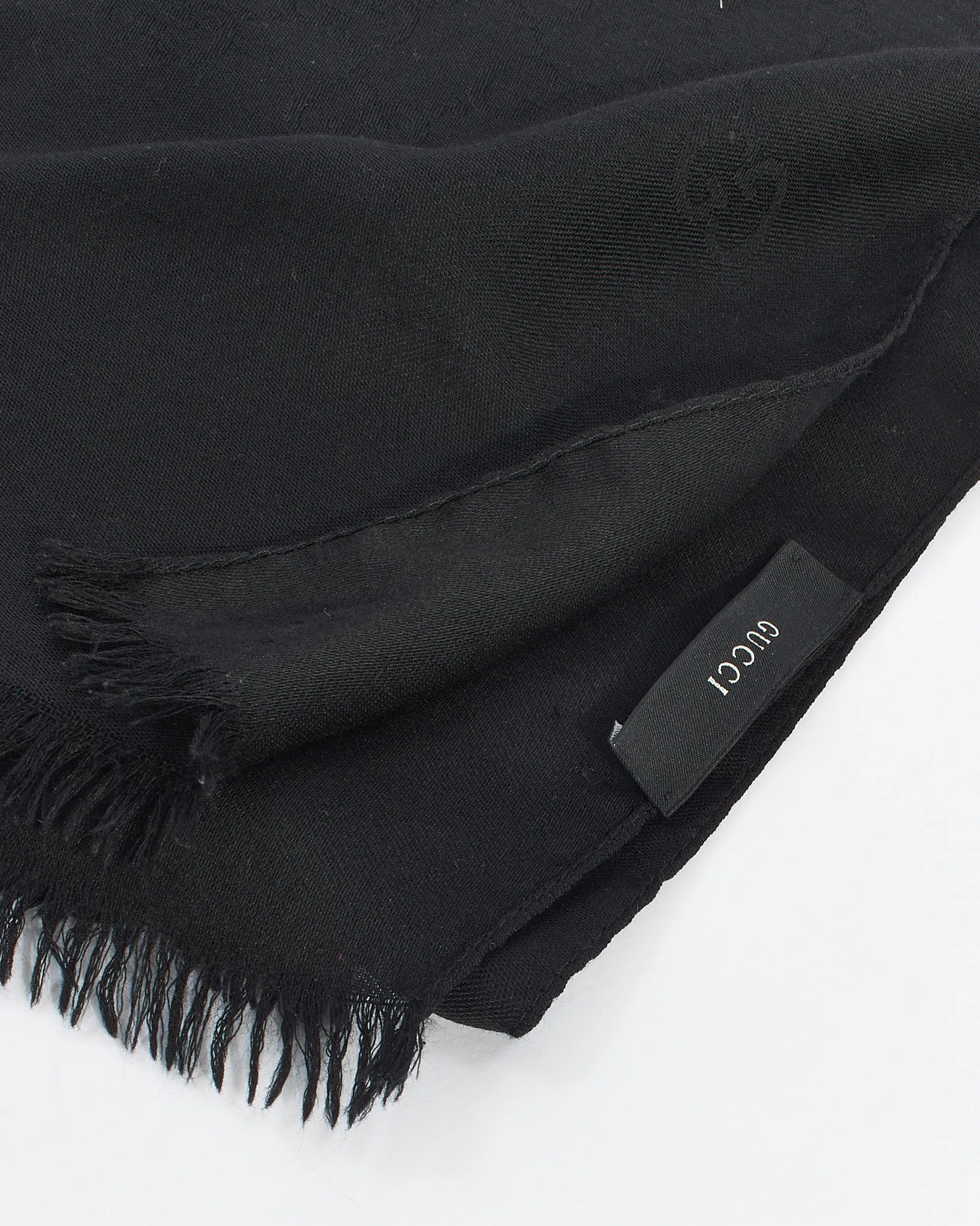 Gucci Black Silk/Wool GG Logo Fringe Scarf
