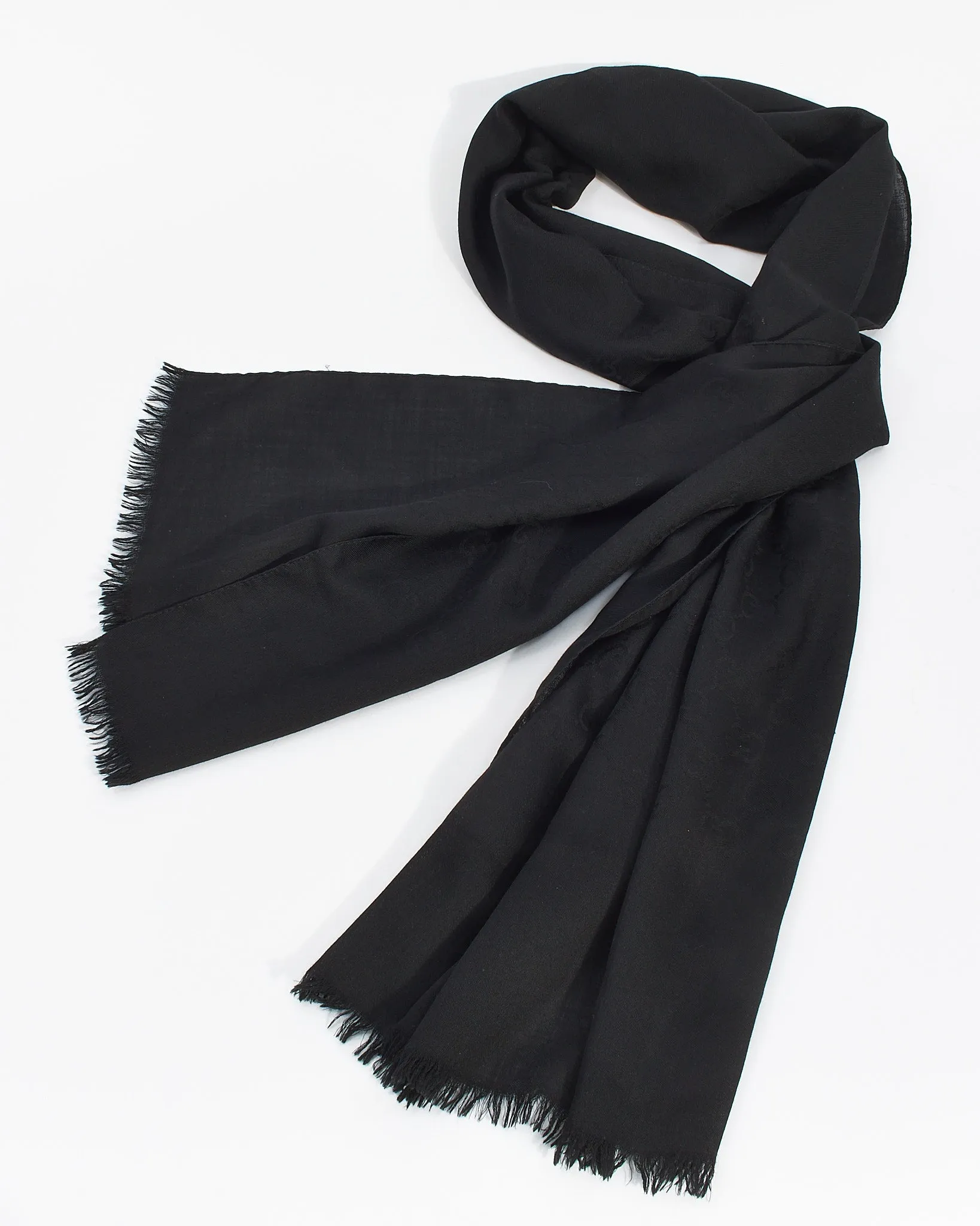 Gucci Black Silk/Wool GG Logo Fringe Scarf