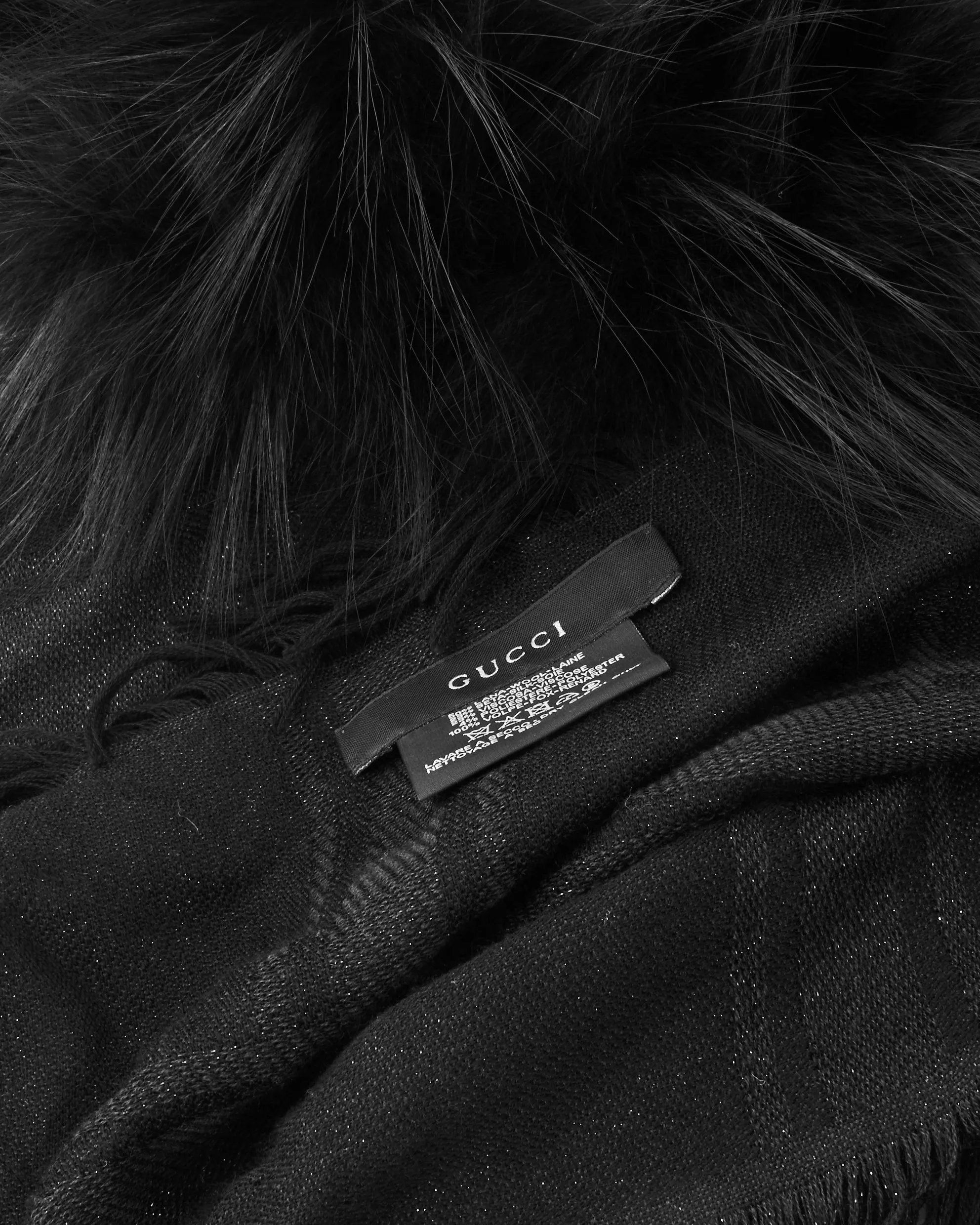 Gucci Black Wool Silk Fox Fur Monogram Shawl Scarf