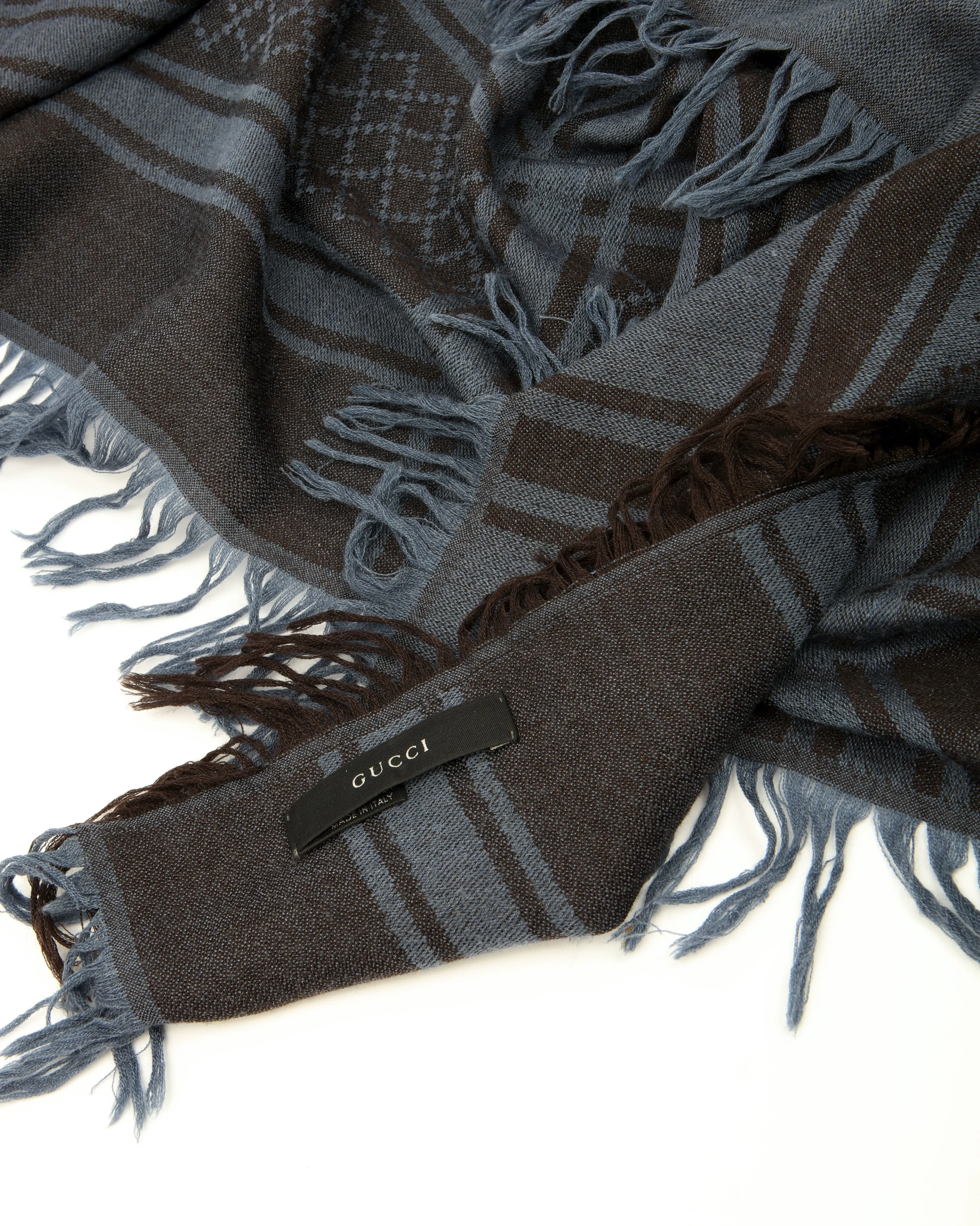 Gucci Brown/Blue GG Logo Fringe Wool/Silk Scarf