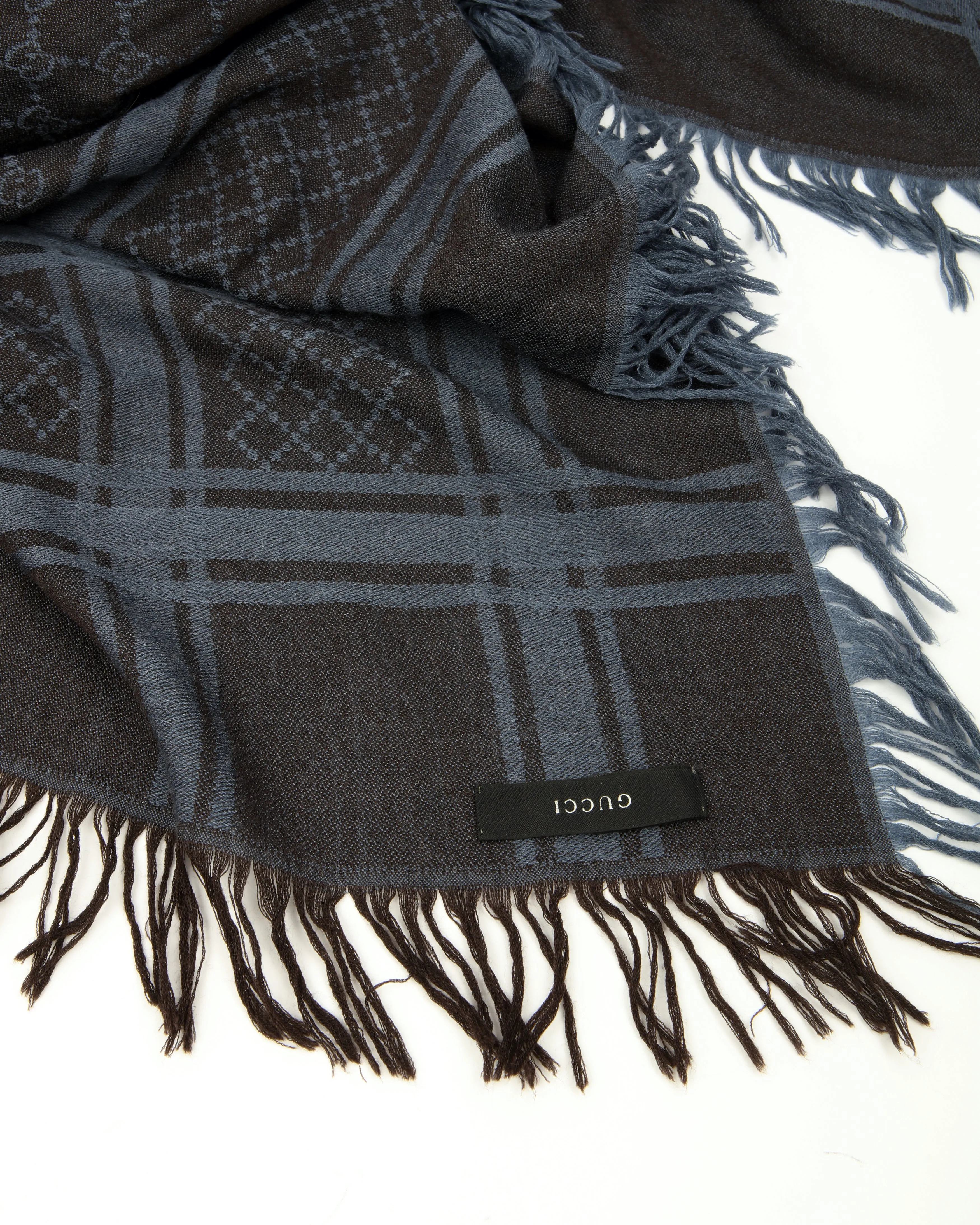 Gucci Brown/Blue GG Logo Fringe Wool/Silk Scarf