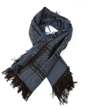 Gucci Brown/Blue GG Logo Fringe Wool/Silk Scarf
