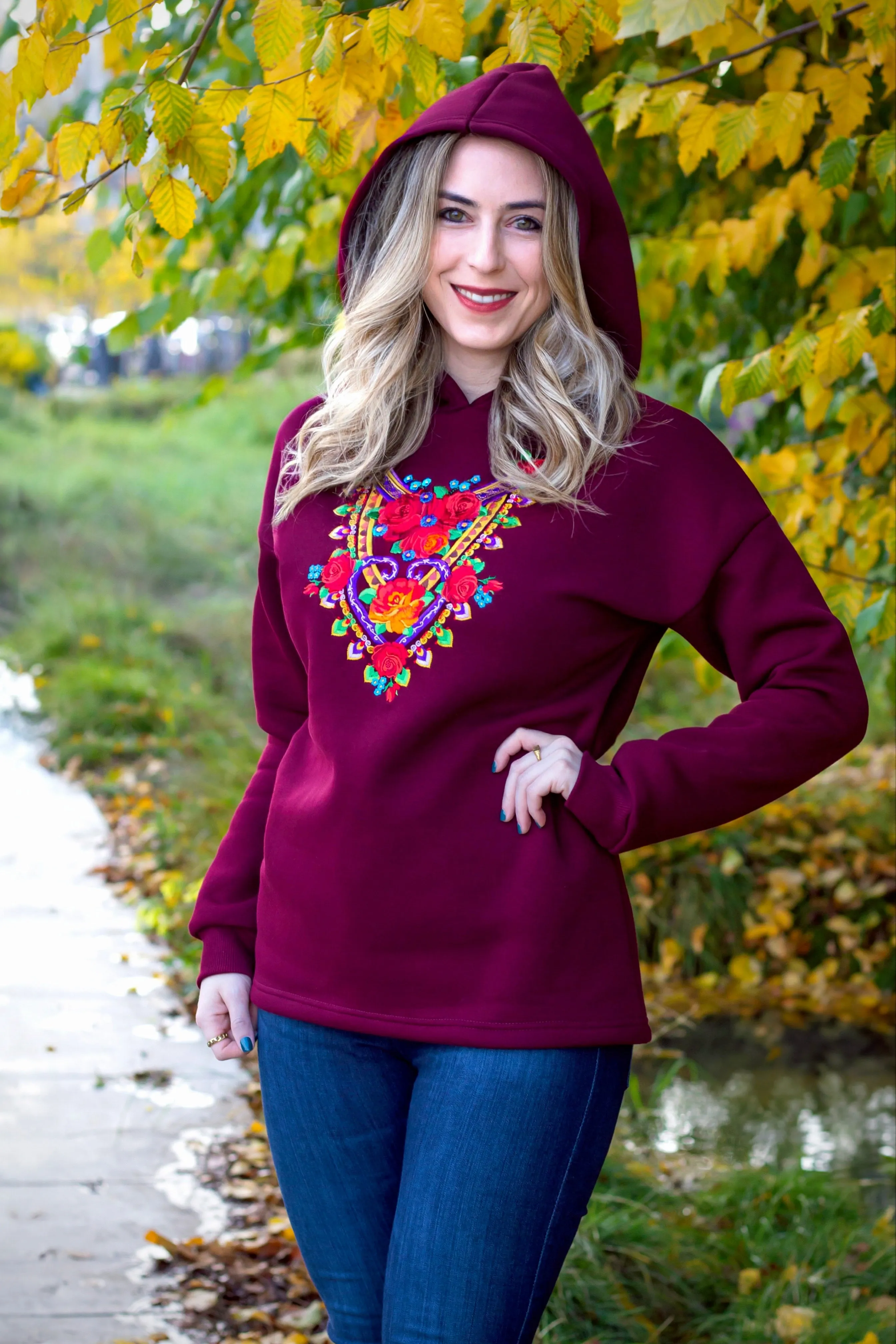 Halina Embroidered Wine Hoodie