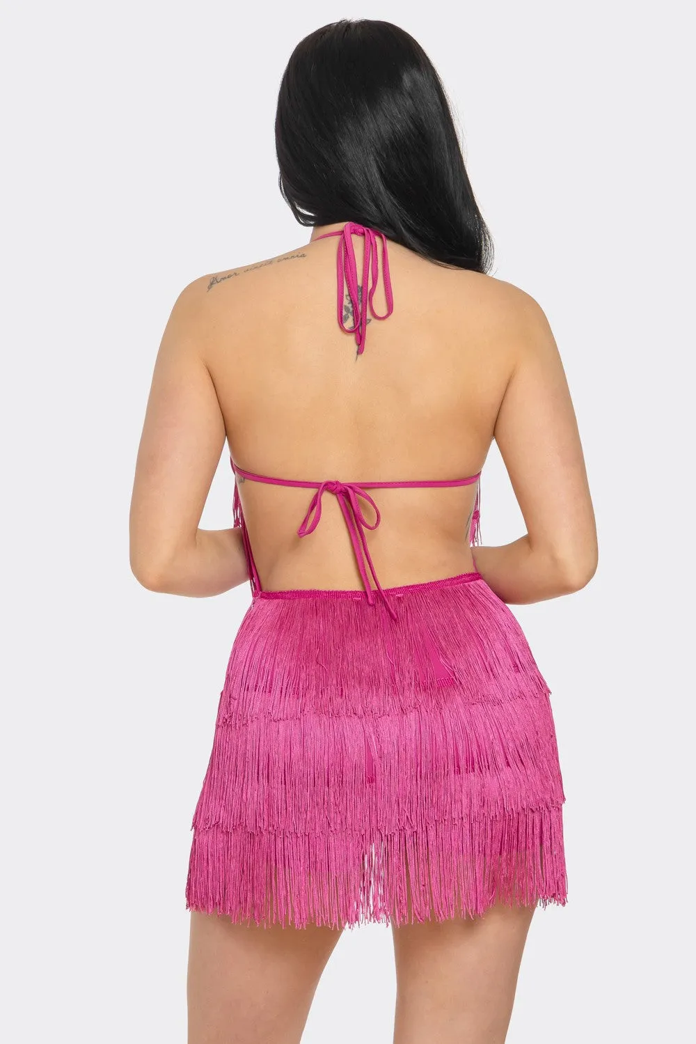 HALTER FRINGE MINI ROMPER WITH OPEN BACK AND TIE