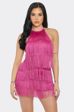 HALTER FRINGE MINI ROMPER WITH OPEN BACK AND TIE
