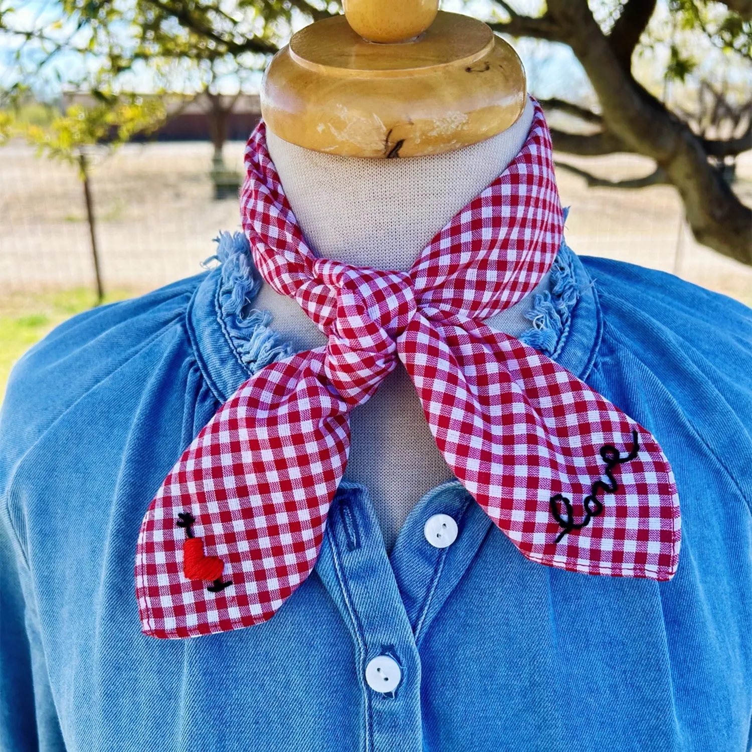 Hand Drawn and Embroidered Gingham Bandana
