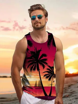 Hawaiian Style Men's Tank Tops Seaside Vacation Loose Comfortable Casual Tops Outdoor Travel Men's Vest Seaside Sunset Print